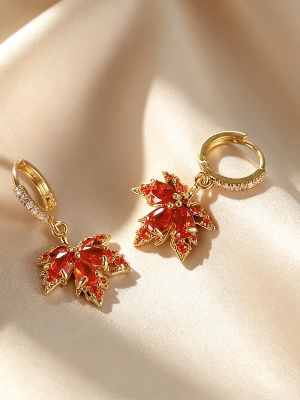 Leaves Red Crystal Floral Drop Gold Earrings